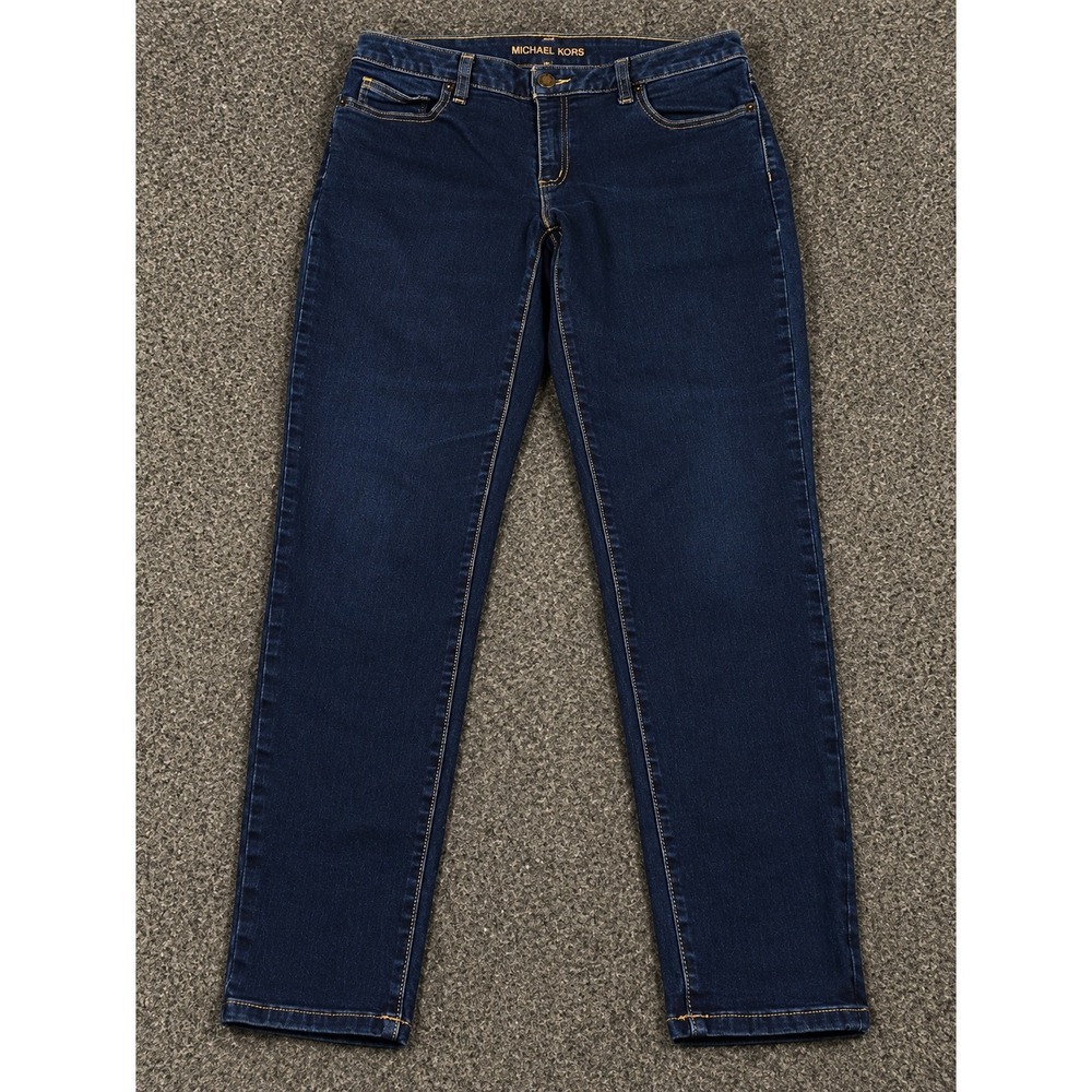 Michael Kors Straight Leg Jeans Women 10 Dark Rinse Blue Gold Logo MF39026BAF